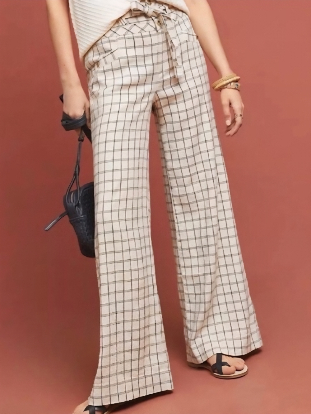 ANTHROPOLOGIE Ivory & Black Window Pane Plaid Wide Leg High Waist Trousers Sz 6 - Picture 9 of 10
